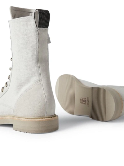 Shop Brunello Cucinelli Women Boot In Cotton And Linen Canvas And Calfskin With Precious Detail In White