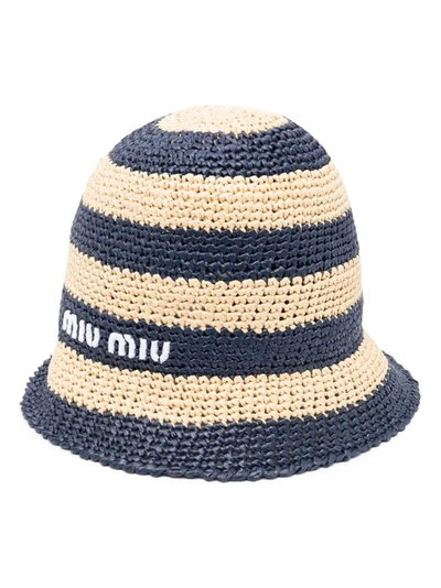 Shop Miu Miu Women Striped Bucket Hat In Blue