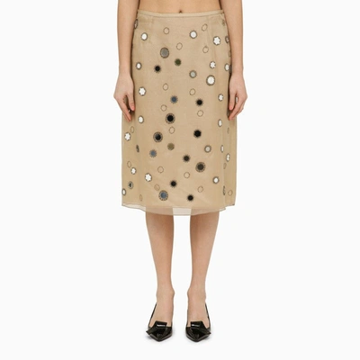 Shop Prada Beige Silk Midi Skirt With Mirrors Women In Cream