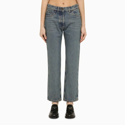 Shop Prada Medium Blue Denim Jeans With Logo Women