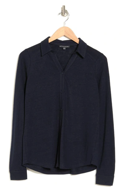 Shop Adrianna Papell Boyfriend Linen Blend Button-up Shirt In Blue Moon