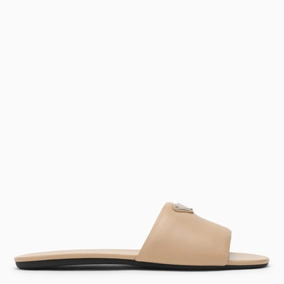Prada Triangle Logo Leather Flat Sandals In Beige