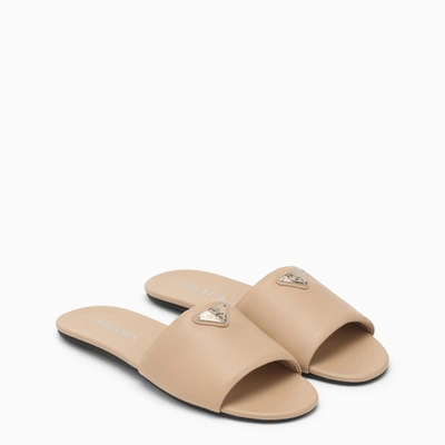 Prada Triangle Logo Leather Flat Sandals In Beige