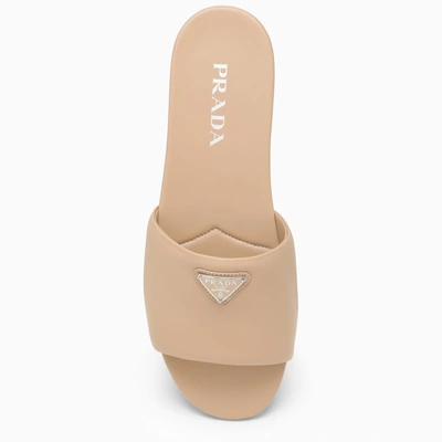 Prada Triangle Logo Leather Flat Sandals In Beige