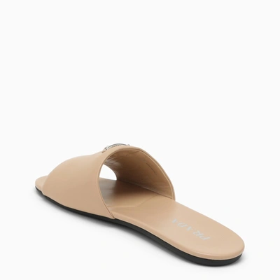 Prada Triangle Logo Leather Flat Sandals In Beige