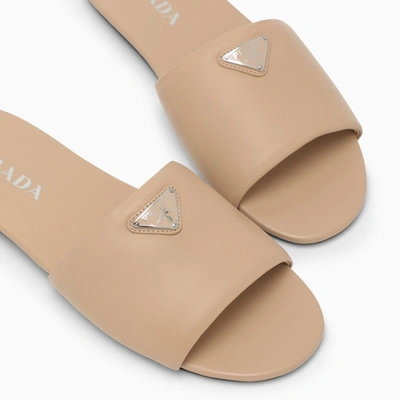 Prada Triangle Logo Leather Flat Sandals In Beige