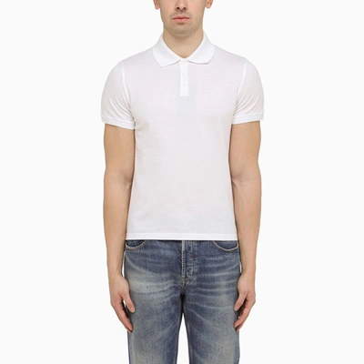 Shop Saint Laurent White Monogram Pique Polo Shirt Men