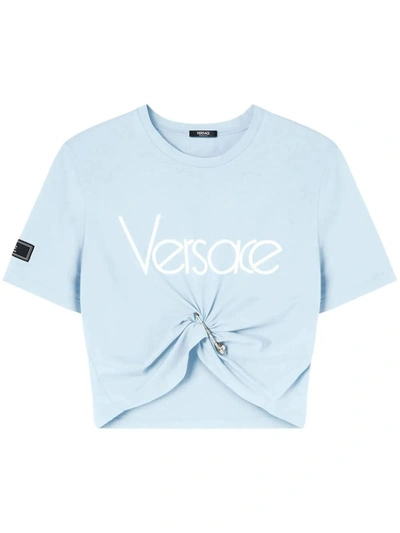 Shop Versace Women Cropped T-shirt With Pin In Blue