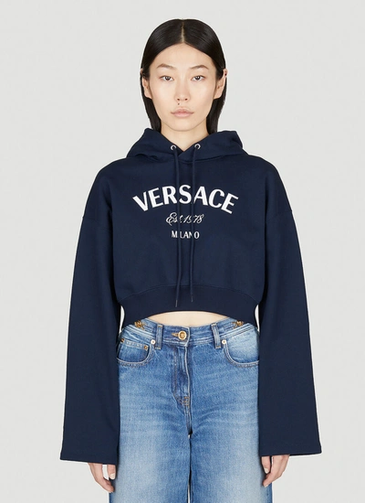 Shop Versace Women Milano Stamp Crop Hooded Sweatshirt In Blue