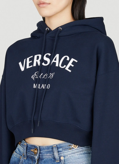 Shop Versace Women Milano Stamp Crop Hooded Sweatshirt In Blue
