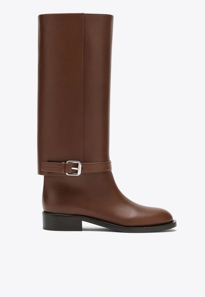 Shop Burberry Buckle Embellished Leather Boots In Brown