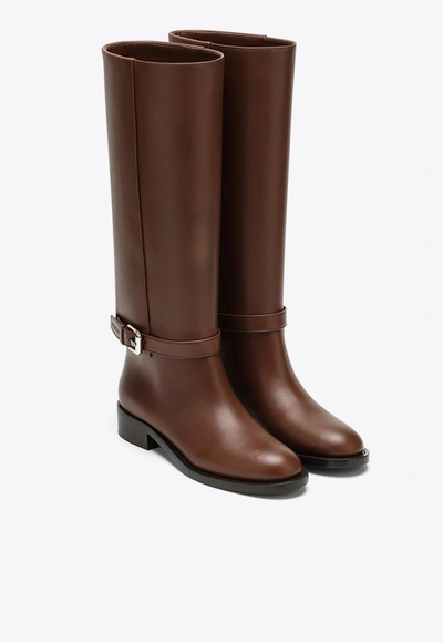 Shop Burberry Buckle Embellished Leather Boots In Brown