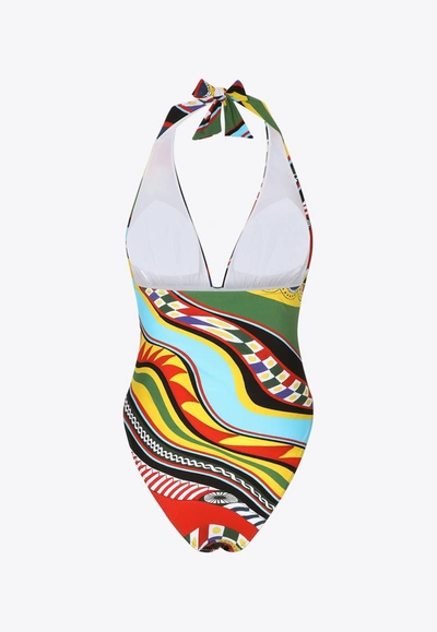 Shop Dolce & Gabbana Carretto Print Halterneck One-piece Swimsuit In Multicolor