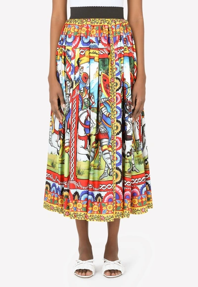 Shop Dolce & Gabbana Carretto Print Pleated Silk Twill Midi Skirt In Multicolor