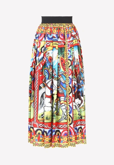 Shop Dolce & Gabbana Carretto Print Pleated Silk Twill Midi Skirt In Multicolor