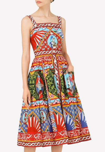 Dolce & Gabbana Carretto Print Cotton Poplin Midi Dress In Multicolor
