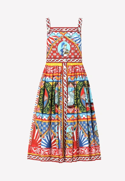 Dolce & Gabbana Carretto Print Cotton Poplin Midi Dress In Multicolor