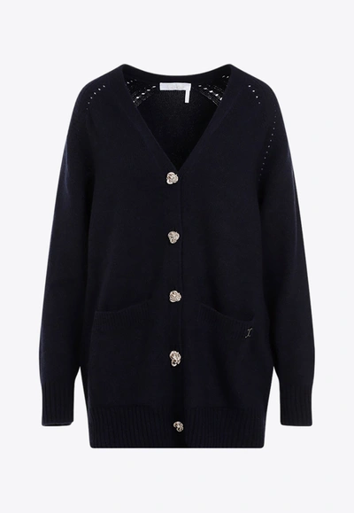 Chloé Knot-button Recycled Cashmere Cardigan In Blue