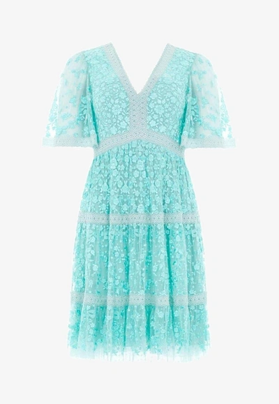 Shop Needle & Thread Celestia Short-sleeved Mini Dress In Turquoise