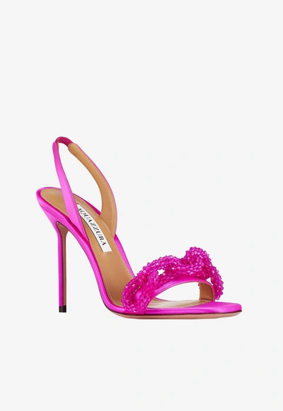 Shop Aquazzura Chain Of Love 105 Slingback Sandals In Satin In Pink