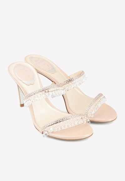 René Caovilla Chandelier 80 Beaded Satin Mules In Nude