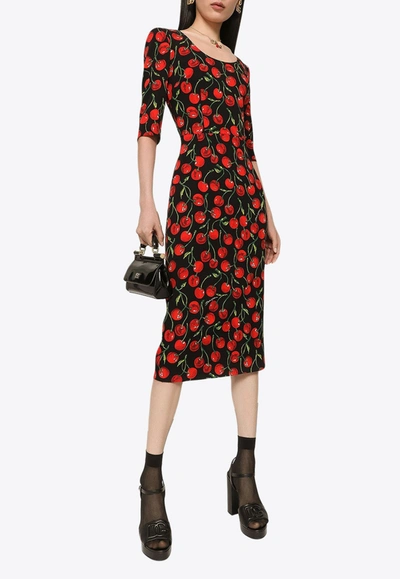 Shop Dolce & Gabbana Cherry Print Charmeuse Midi Dress In Multicolor
