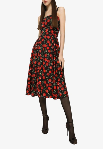 Shop Dolce & Gabbana Cherry Print Midi Dress In Multicolor