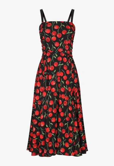 Shop Dolce & Gabbana Cherry Print Midi Dress In Multicolor