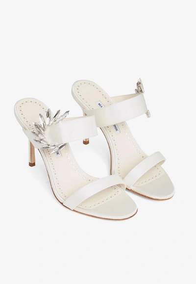 Shop Manolo Blahnik Chivela 90 Satin Mules In Cream