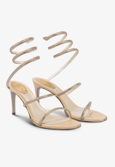 René Caovilla Cleo 80 Crystal-embellished Wraparound Sandals In Beige