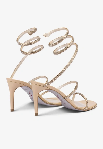René Caovilla Cleo 80 Crystal-embellished Wraparound Sandals In Beige