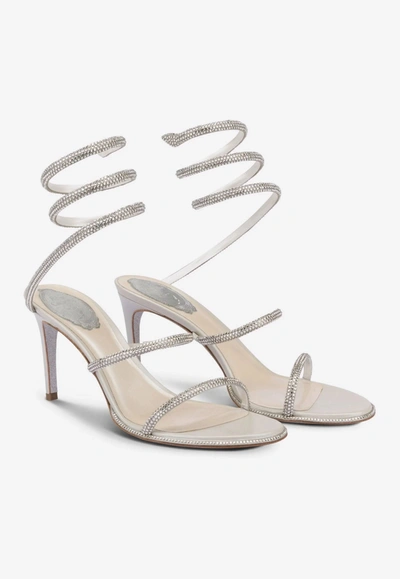 Shop René Caovilla Cleo 80 Crystal-embellished Wraparound Sandals In Grey