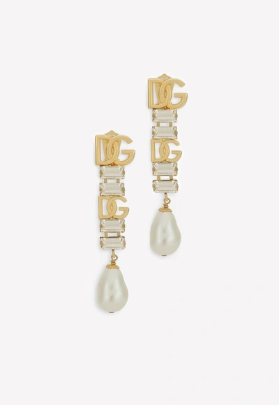 Shop Dolce & Gabbana Clip-on Crystal And Pearl Drop Earrings In Gold