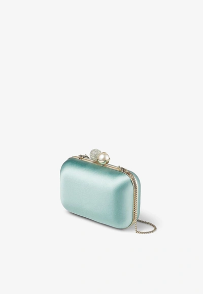 Jimmy Choo Cloud Pearl And Crystal Clutch In Satin In Green