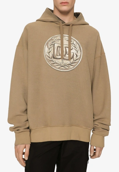 Dolce & Gabbana Reverse Jersey Hoodie With Hood And Coin Print In Beige