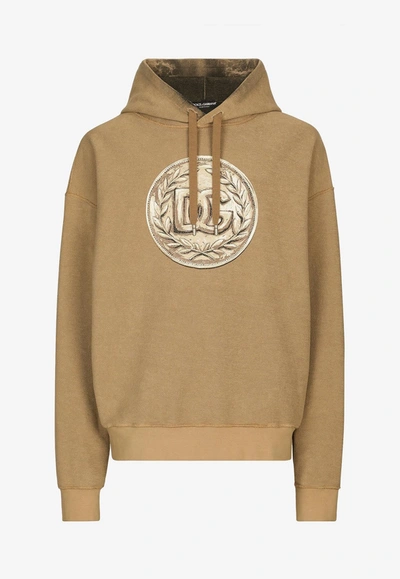 Dolce & Gabbana Reverse Jersey Hoodie With Hood And Coin Print In Beige
