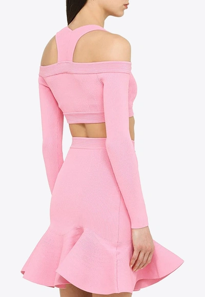 Shop Alexander Mcqueen Cold-shoulder Knitted Cropped Top In Pink