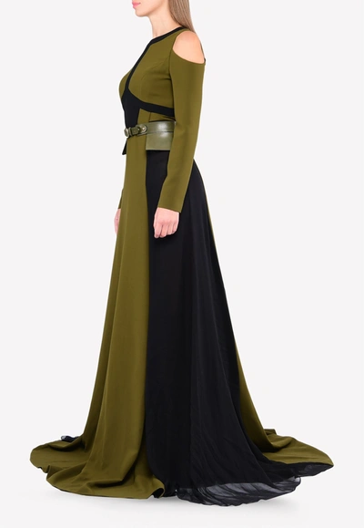 Bibhu Mohapatra Cold-shoulder Overflow Gown With Peplum Belt In Green