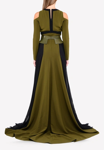 Bibhu Mohapatra Cold-shoulder Overflow Gown With Peplum Belt In Green