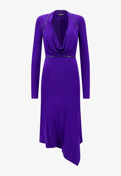 Tom Ford Plunging Zipper Convertible Asymmetric Jersey Midi Dress In Purple