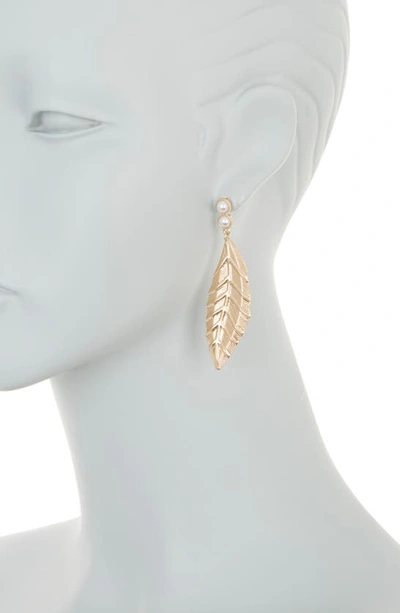 Shop Melrose And Market Imitation Pearl Leaf Drop Earrings In White- Gold