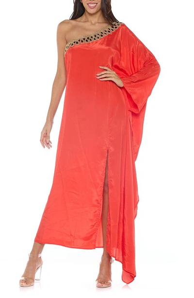 Shop Ranee's Embellished One-shoulder Long Sleeve Cover-up Dress In Red