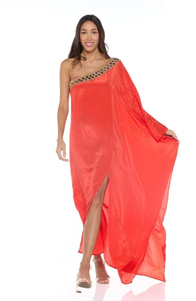 Shop Ranee's Embellished One-shoulder Long Sleeve Cover-up Dress In Red