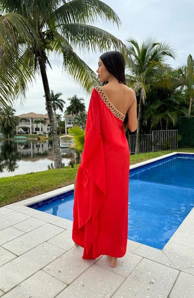 Shop Ranee's Embellished One-shoulder Long Sleeve Cover-up Dress In Red