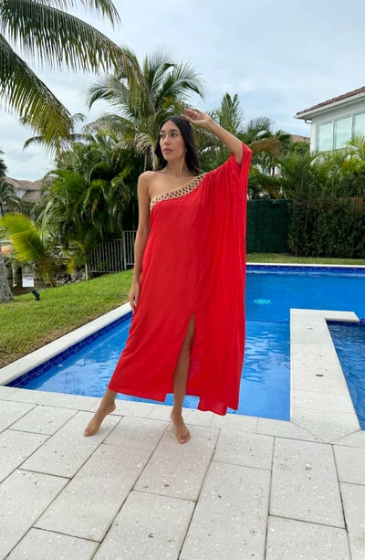 Ranee's Embellished One-shoulder Long Sleeve Cover-up Dress In Red