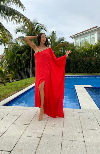 Shop Ranee's Embellished One-shoulder Long Sleeve Cover-up Dress In Red