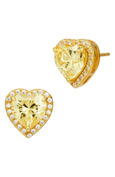 Shop Savvy Cie Jewels 18k Gold Plated Canary Cz Heart Stud Earrings In Yellow