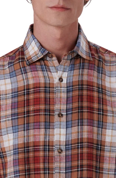 Shop Bugatchi Plaid Short Sleeve Linen Button-up Shirt In Caramel