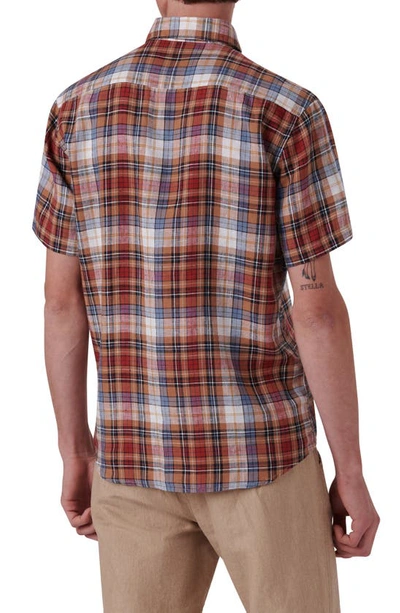 Shop Bugatchi Plaid Short Sleeve Linen Button-up Shirt In Caramel