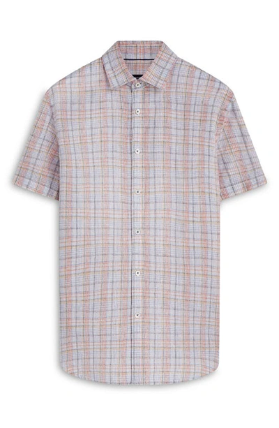 Shop Bugatchi Shaped Fit Plaid Linen Short Sleeve Button-up Shirt In White